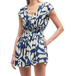 PinkFilosofy Suyen Smocked Linen Mini Dress Size Small Royal Blue Cream MSRP$420